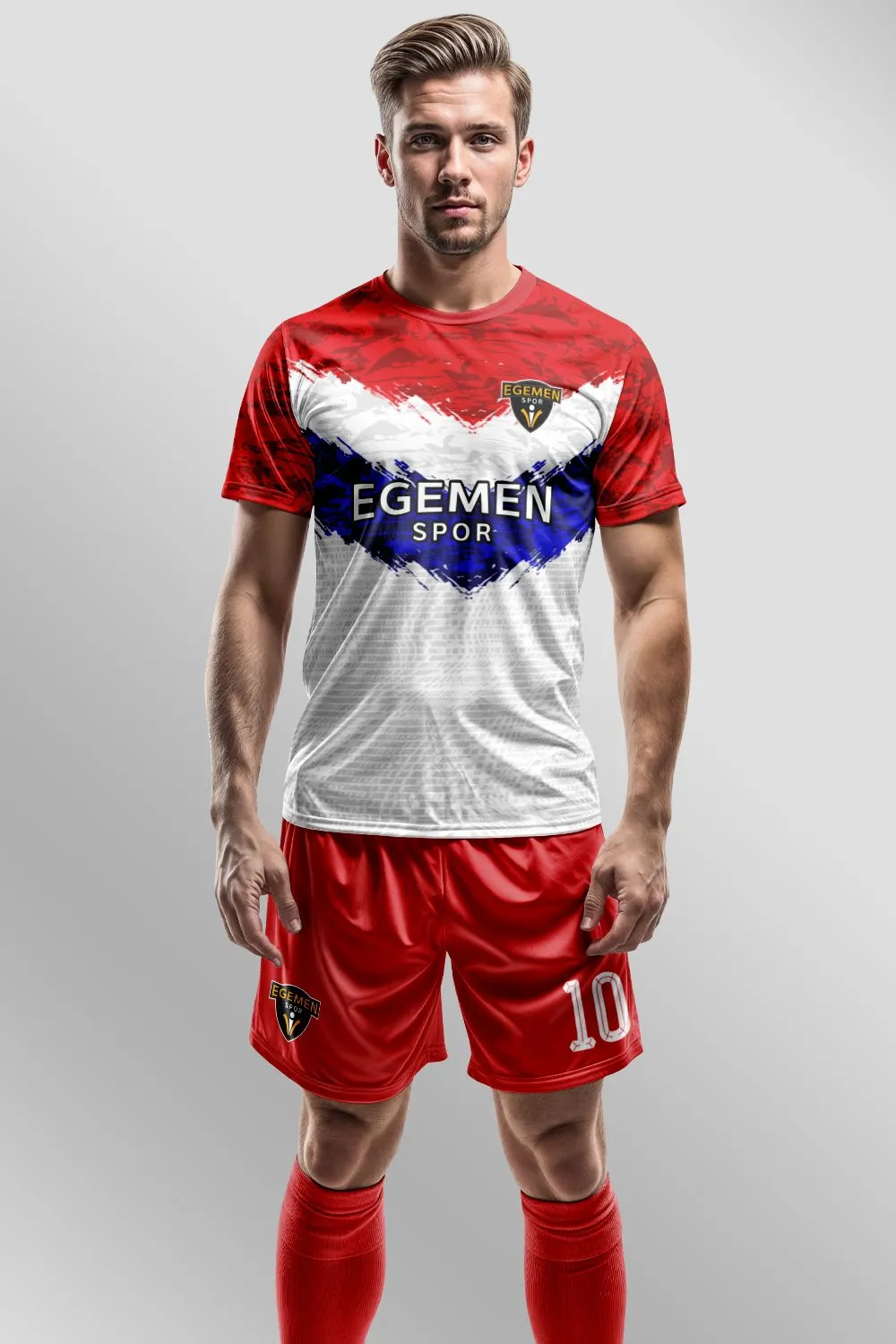 Kırmızı Beyaz Mavi V Grafik Halı Saha Forma