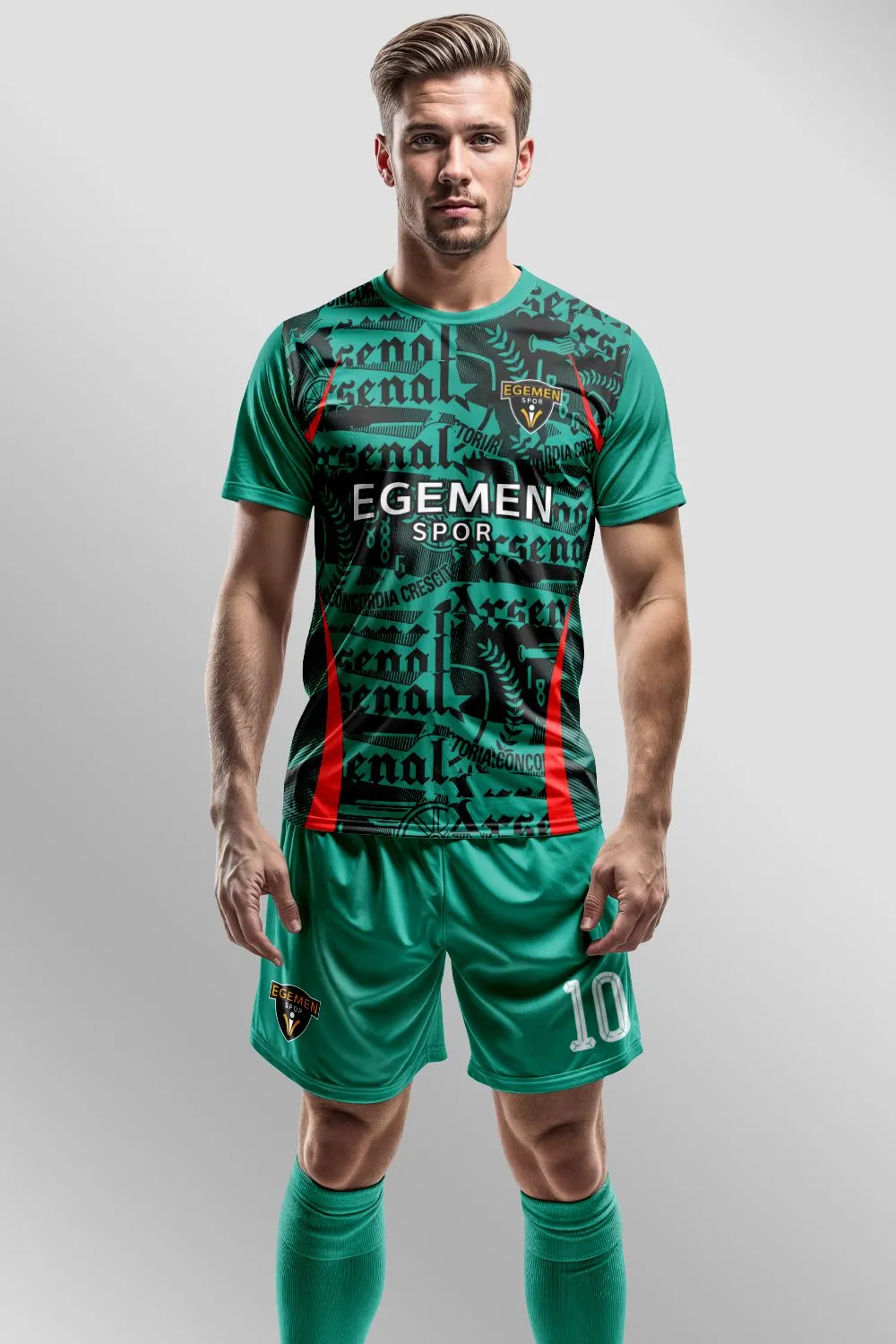 Arsenal Temalı Turkuaz Gotik Yazı Desenli Halı Saha Forma