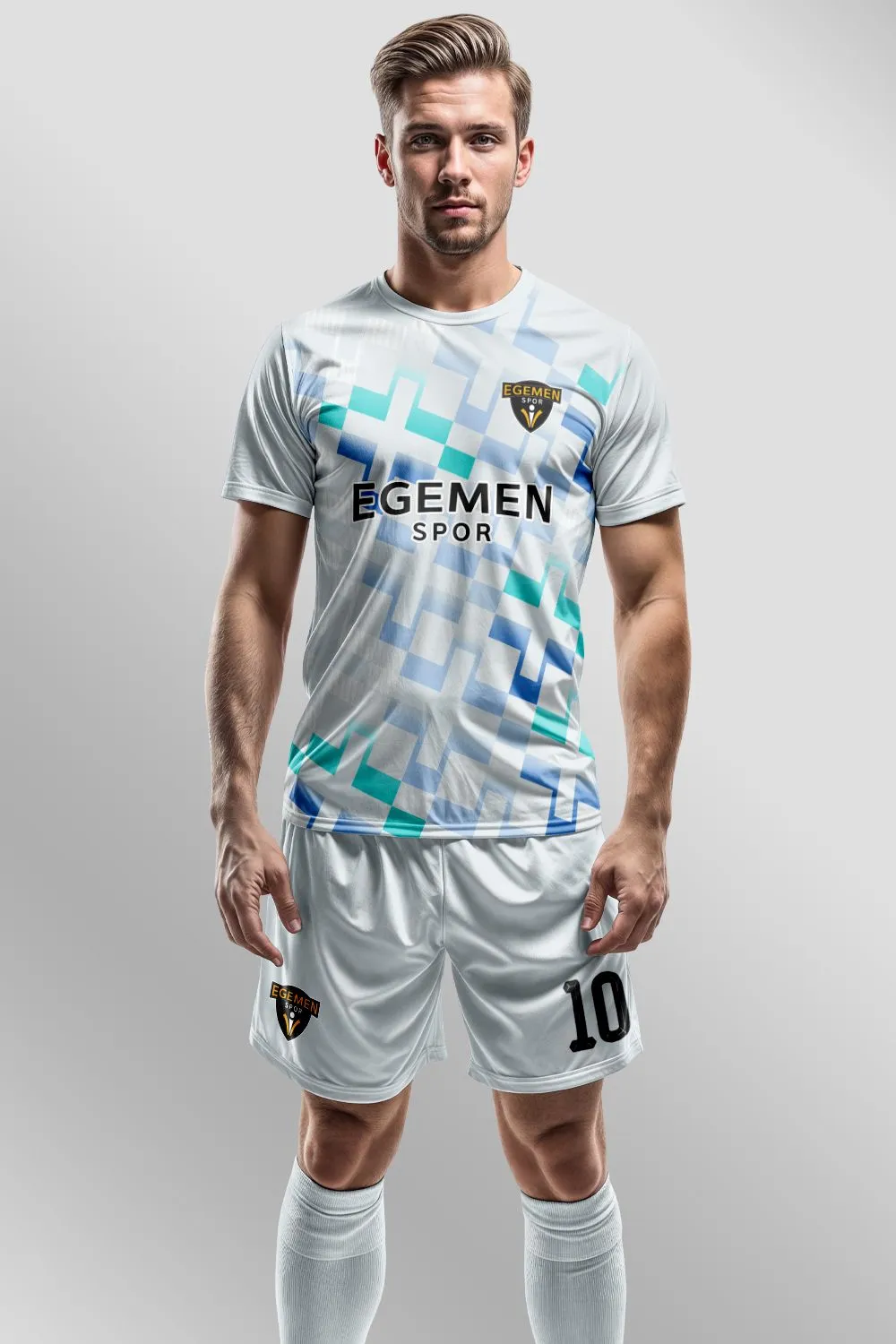 Egemen Spor Beyaz Mavi Turkuaz Piksel Desenli Halı Saha Forma