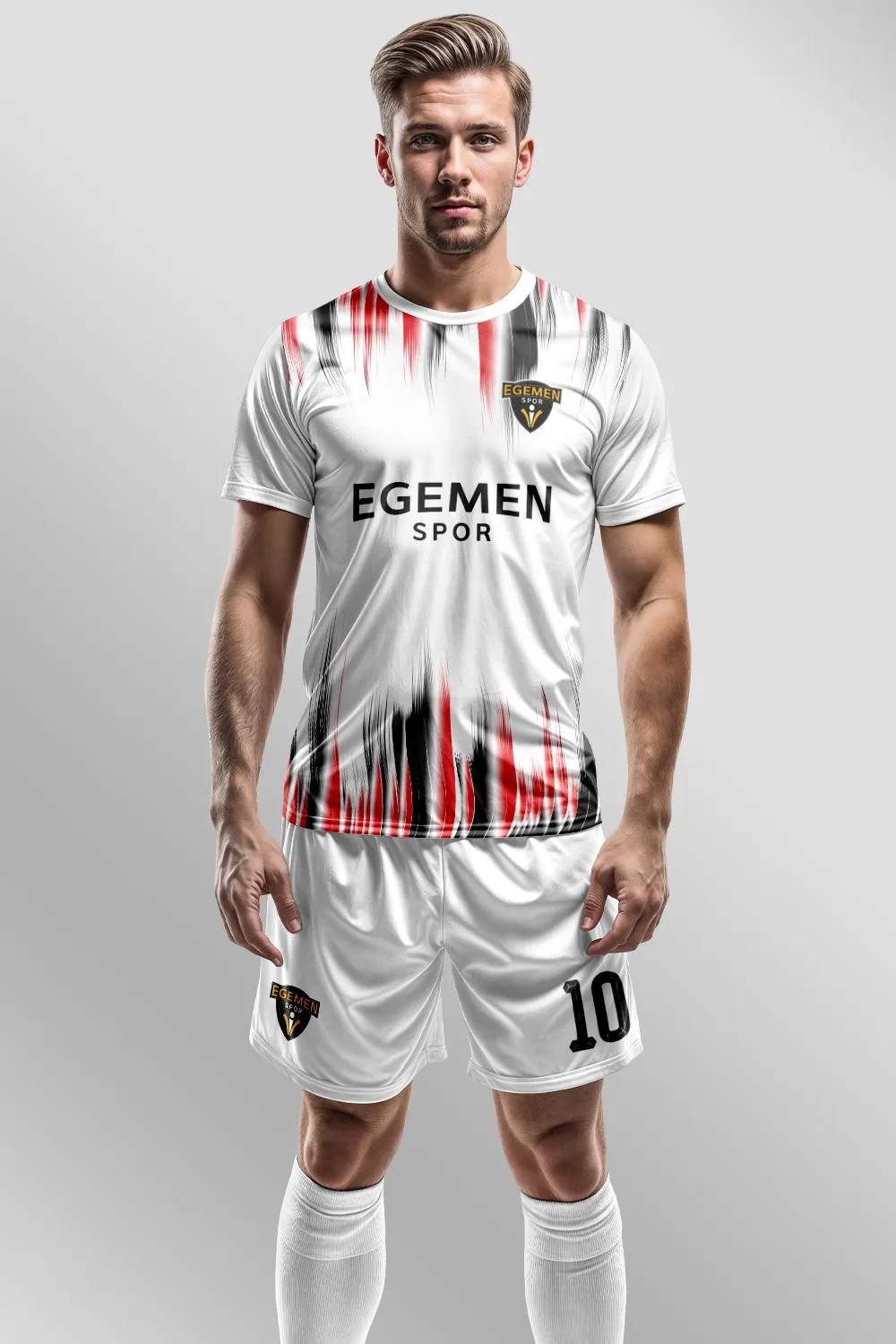 Egemen Spor Beyaz Kırmızı Siyah Fırça Desenli Halı Saha Forma