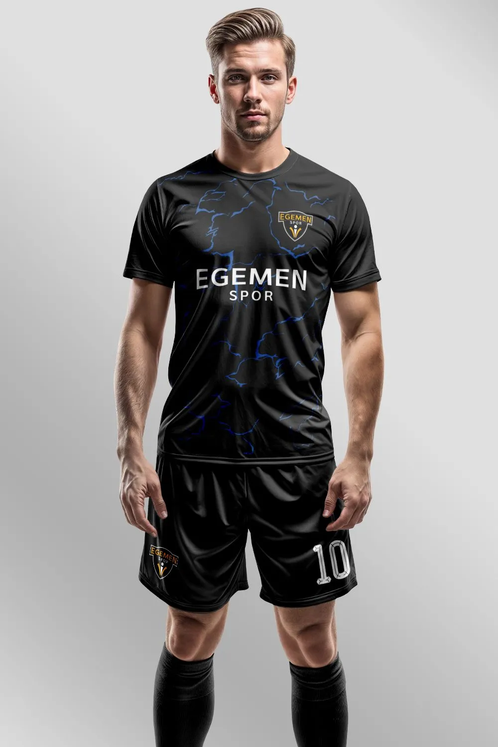 Egemen Spor Siyah Mavi Şimşek Desenli Halı Saha Forma