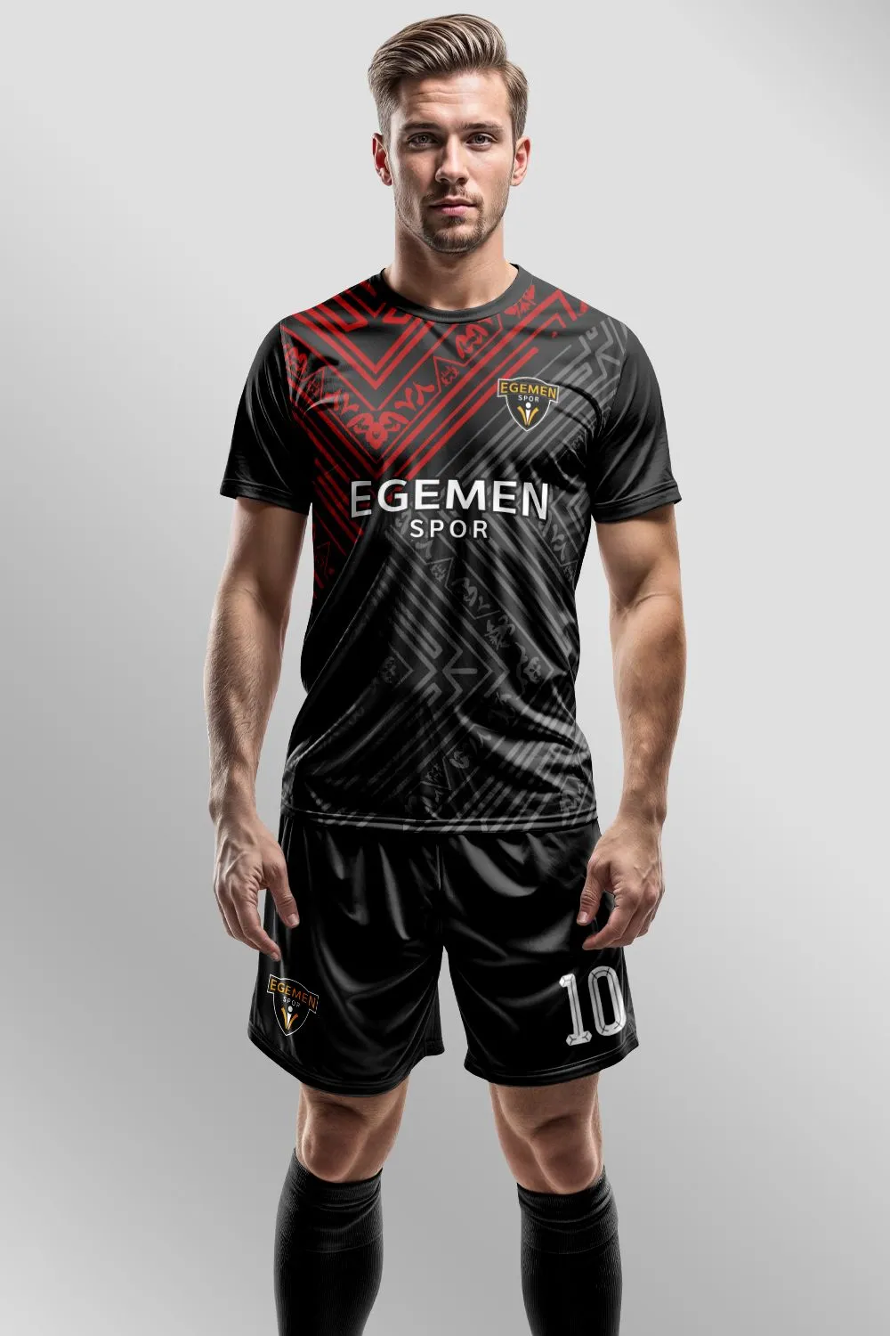 Egemen Spor Siyah Kırmızı Tribal Geometrik Desenli Halı Saha Forma