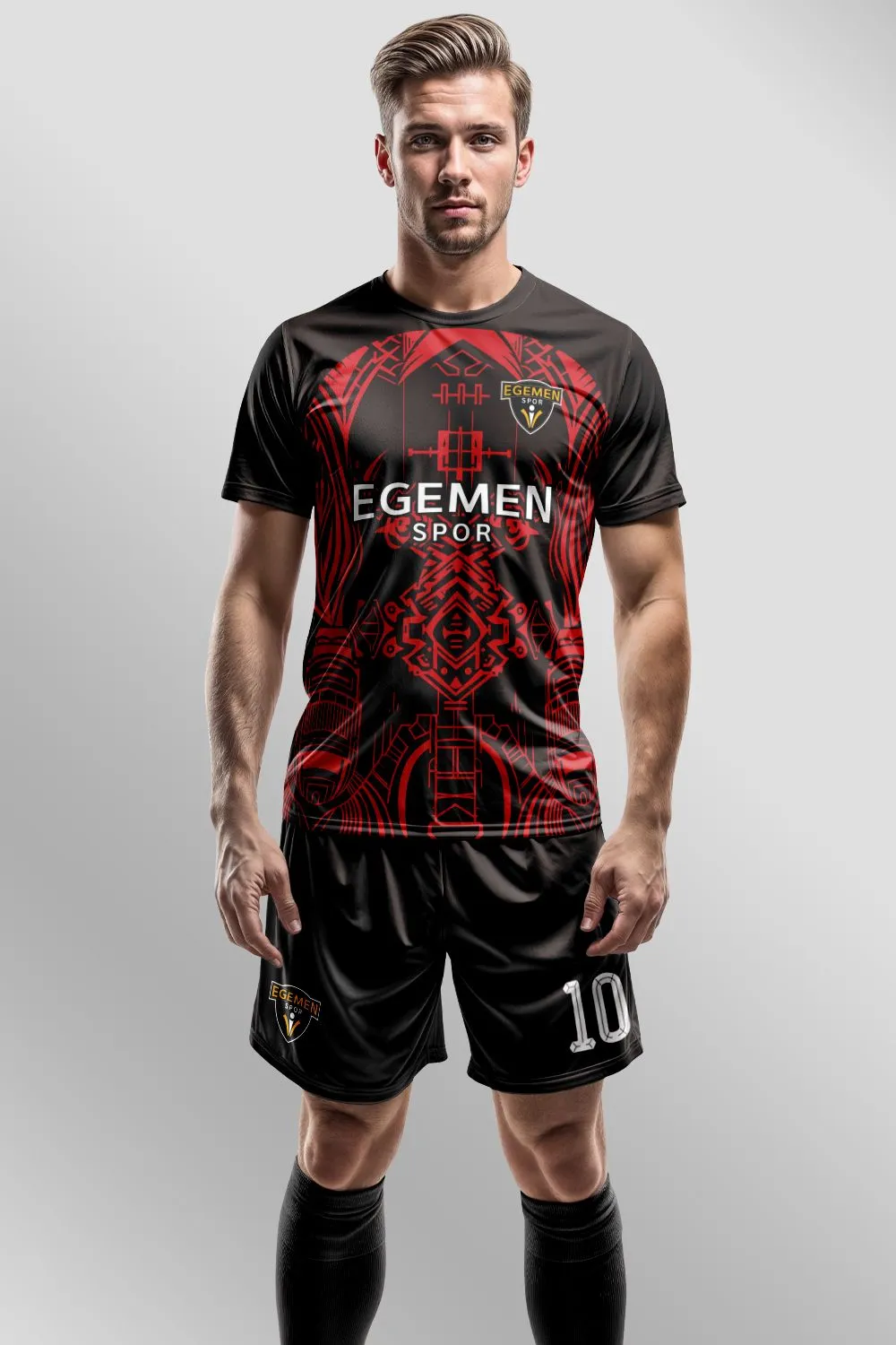 Egemen Spor Siyah Kırmızı Etnik Geometrik Desenli Halı Saha Forma
